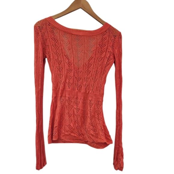 Cache Y2K Vintage 100% Tunisian Silk Sheer Open Knit Top Sz L Coral Boho Chic - Picture 2 of 11